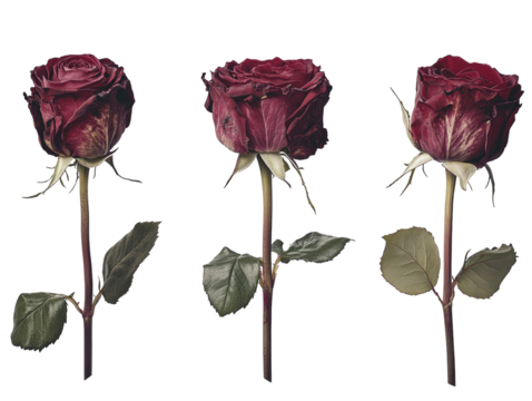 Wilted red roses in various stages of decay, isolated on white background. PNG transparent.