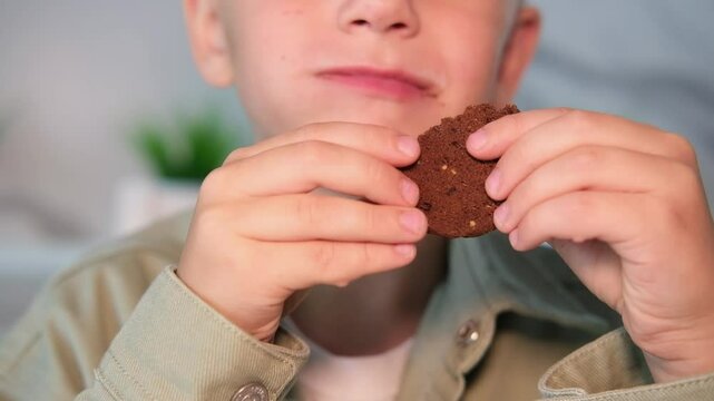 Boy eats chocolate chip cookies. Close-up of child eating cookie, biting cookie while sitting at dinner table. Sweet tooth.