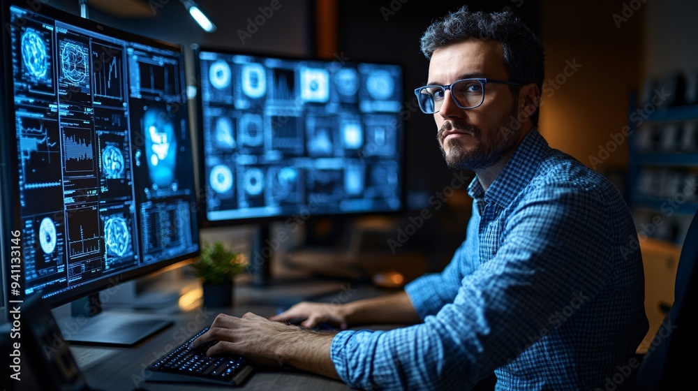 Poster A healthcare professional analyzing patient data with the help of AI software predicting outcomes and suggesting treatments Stock Photo with copy space