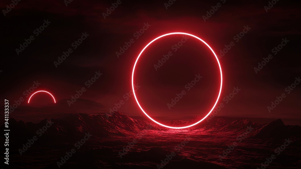 Wall mural glowing red neon planet with rings in dark space generative ai