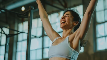 A jubilant woman in sportswear celebrates, arms raised, in a sunlit gym, her wide smile reflecting her joy and accomplishment in the bright surroundings.