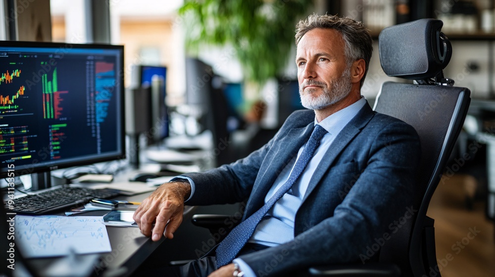 Poster a business executive reviewing ai-generated market analysis reports in a modern office setting stock