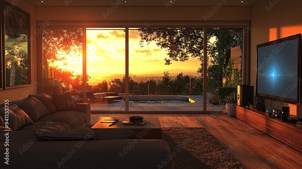 Poster An AI assistant in a smart home controlling various devices and systems to optimize energy use and convenience Stock Photo with copy space