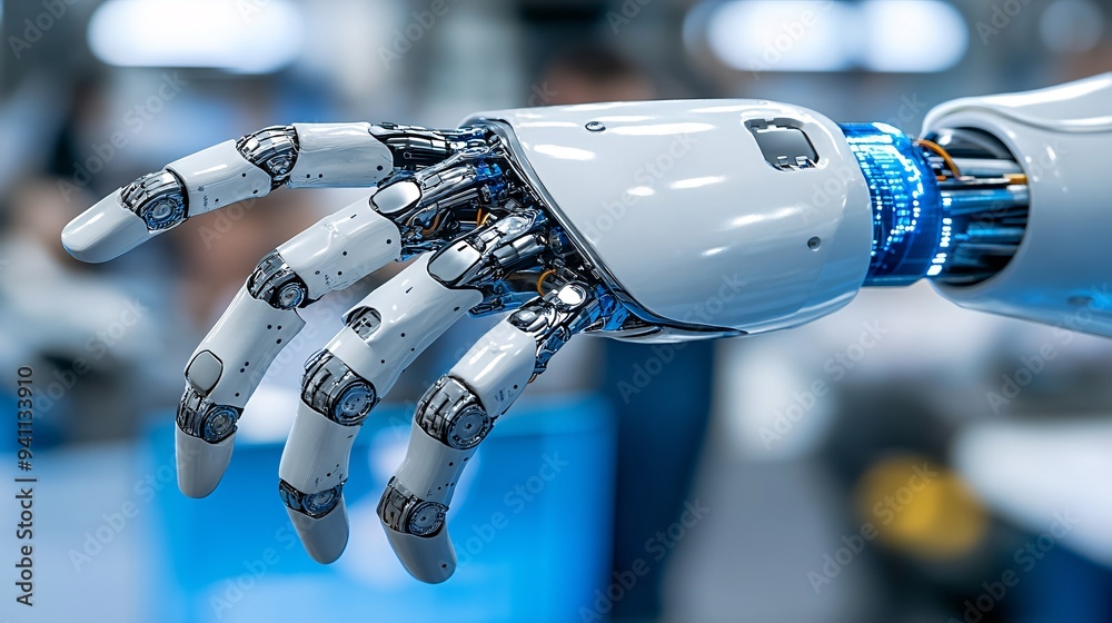 Leinwandbilder A robotics engineer working on the development of an AI-powered robotic limb in a high-tech lab Stock Photo with copy space