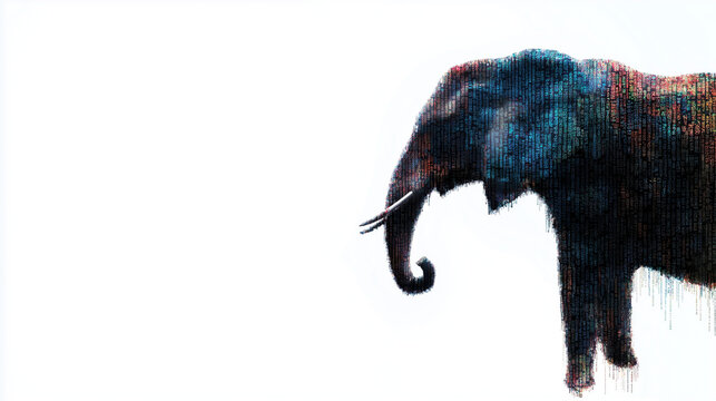 A towering elephant composed of stacked columns of multicolored data, standing majestically on a solid white background. Ideal for illustrating the concept of big data in a powerfu