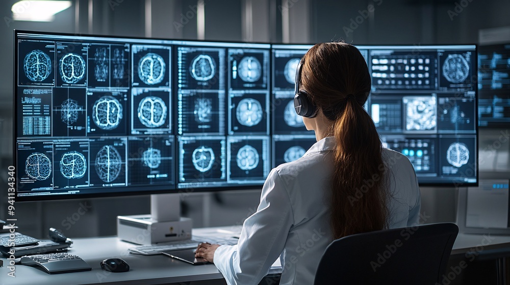 Poster A researcher analyzing complex data patterns on a holographic display powered by AI Stock Photo with copy space