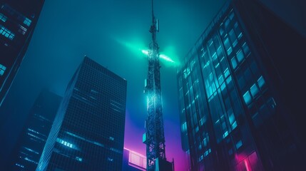 Advanced connectivity. Futuristic cellular tower illuminated against a city skyline at night