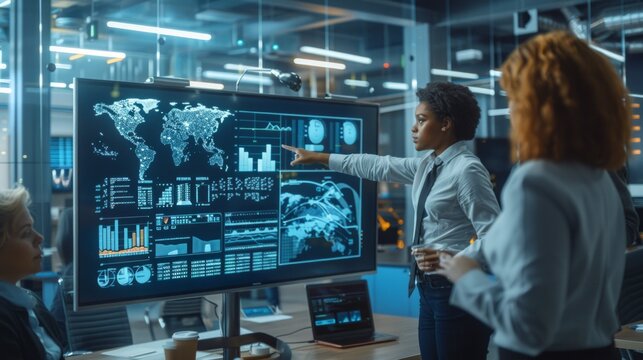 Diverse startup team discusses AI analytics in modern office environment focusing on grant opportunities and data trends