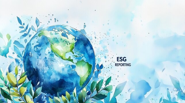 A watercolor painting of earth surrounded by green leaves, symbolizing environmental sustainability and esg reporting.