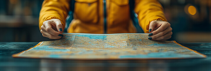 Detailed Cartographer Immersed in Reading Map with Resolute Focus in Dimly Lit Environment