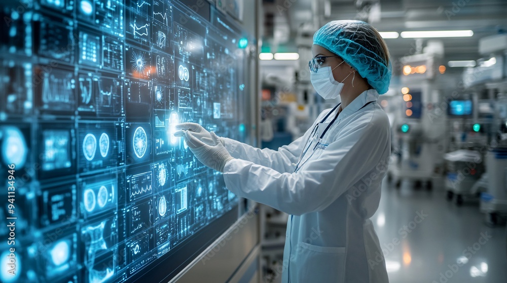 Poster a medical technician using ai software to scan and diagnose medical images in a high-tech hospital e