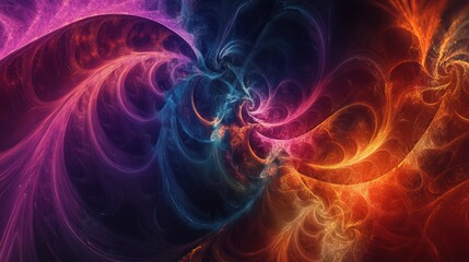 Abstract swirling fractal background with vibrant colors and intricate patterns.