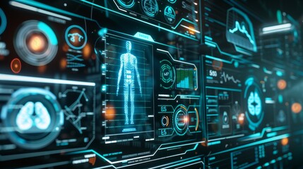 Futuristic control panel with virtual buttons for managing healthcare analytics and patient data in modern medical environments