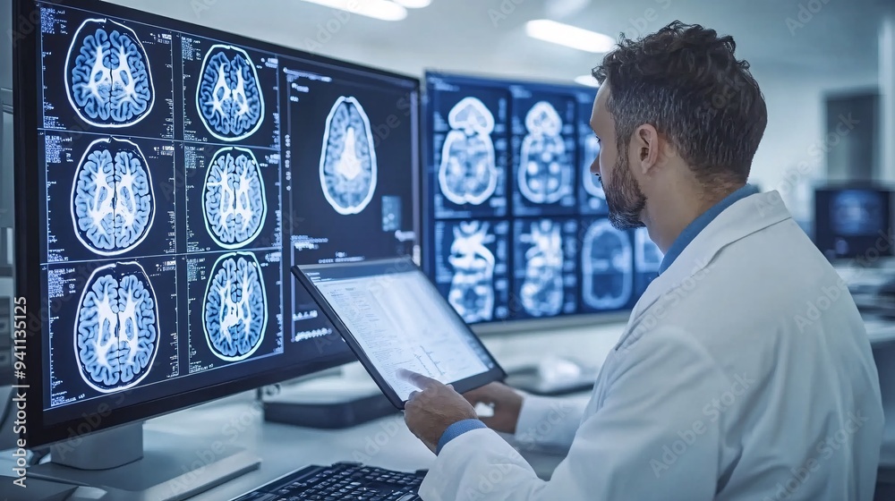 Poster A medical technician using AI software to scan and diagnose medical images in a high-tech hospital environment Stock Photo with copy space