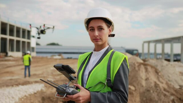 Portrait of serious young female topographer looking at camera. Woman in yellow bright vest controlling flying vehicle. Blurred background with drone observing construction site. Quadcopter with red