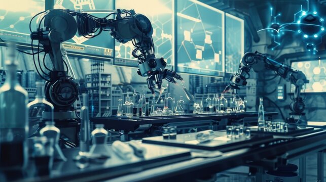 Automated robotic arms conduct experiments in a high-tech chemical lab with digital monitors displaying molecular structures