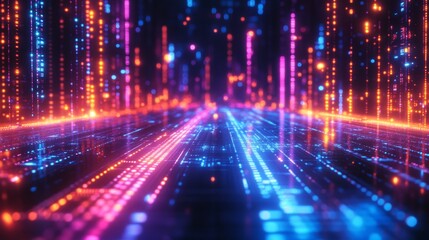 Fototapeta premium Futuristic digital landscape with glowing neon lights and vibrant colors forming a grid-like pattern