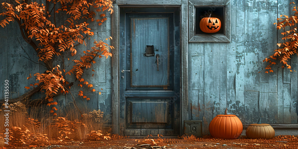 Wall mural a door with a pumpkin on the door and a pumpkin on the ground