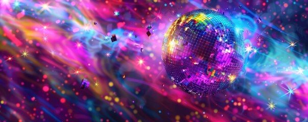 Sparkling disco ball under neon lights in lively scene