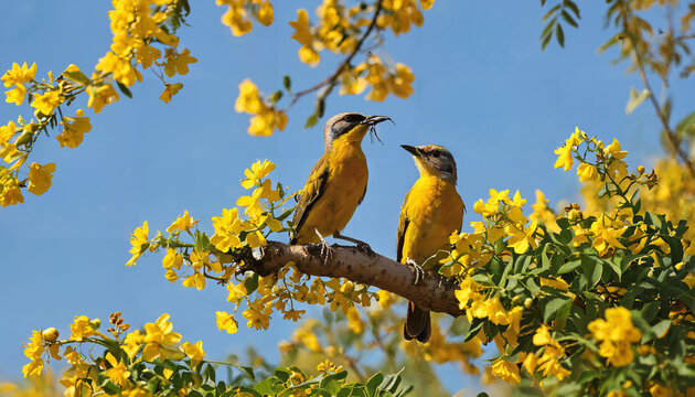 Deux oiseaux perch&eacute;s sur une branche fleurie