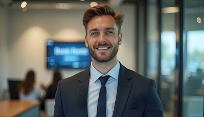 Naklejka premium A happy bank employee looking at camera while standing in office