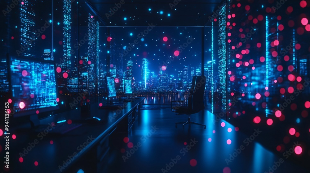 Poster A futuristic office space where AI algorithms manage and optimize workflows for maximum productivity Stock Photo with copy space
