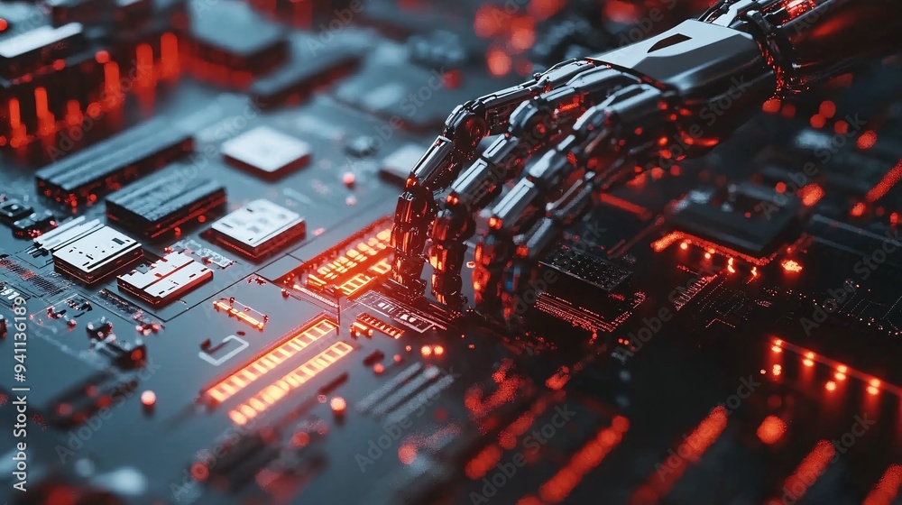 Poster an engineer programming an ai-controlled robotic arm for assembly line production stock photo with c