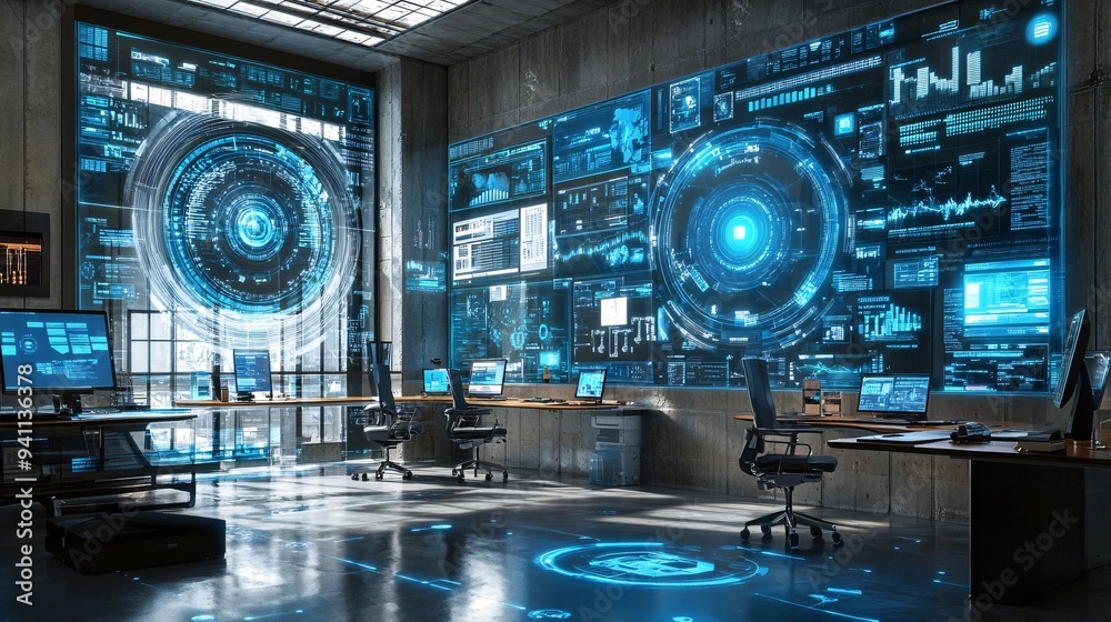 Poster A futuristic office space where AI algorithms manage and optimize workflows for maximum productivity Stock Photo with copy space