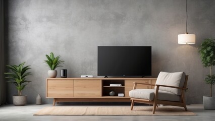 Modern living room with a flat-screen TV, armchair, and wooden cabinet