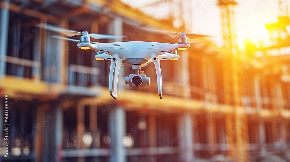 Poster A drone flying over a construction site capturing real-time data for AI-driven project management Stock Photo with copy space