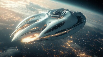 Large UFO hovering over a city at night with glowing lights illuminating the clouds