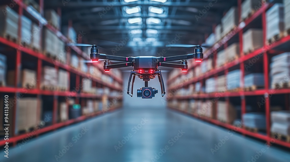Poster A logistics hub where AI systems coordinate the movement of goods through automated warehouses and delivery drones Stock Photo with copy space