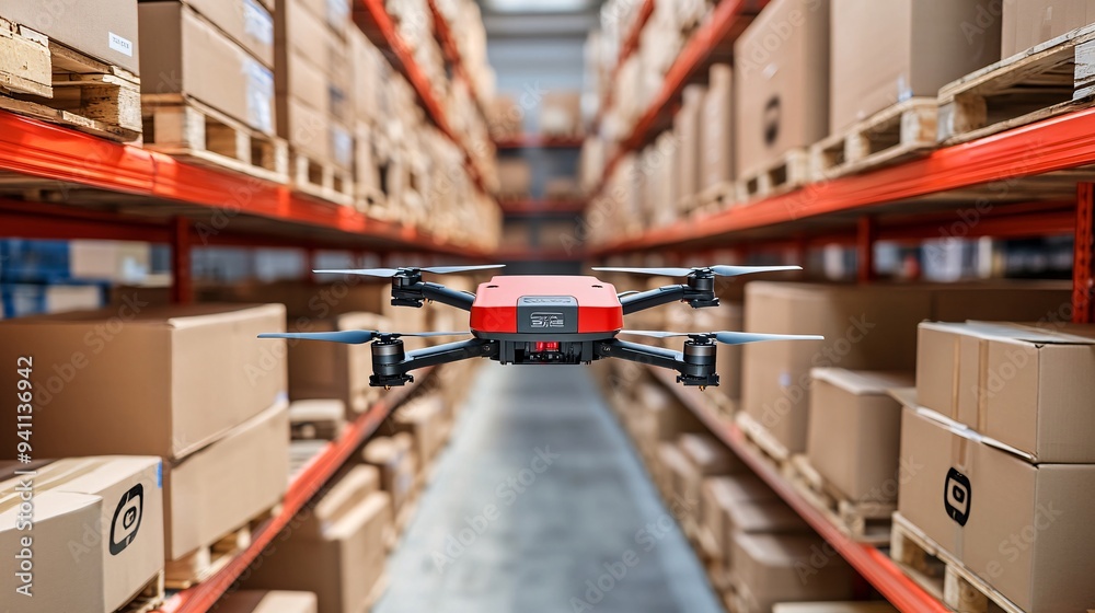 Poster A logistics hub where AI systems coordinate the movement of goods through automated warehouses and delivery drones Stock Photo with copy space