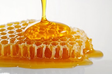 Golden honey dripping on honeycomb isolated on white background