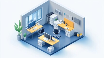 Obraz premium A 3d rendering of a room with two desks and chairs, AI