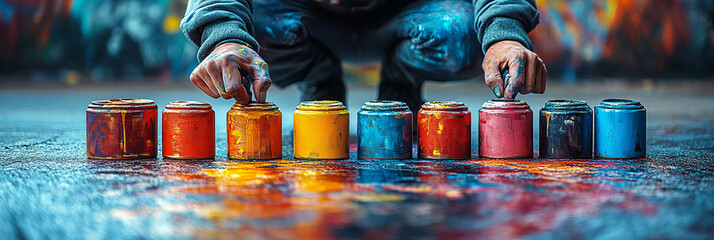 Talented street artist preparing vibrant paint jars with passionate focus, engaging background, dynamic colors, inspiring and energetic creative mood outdoor