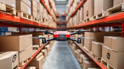 Fototapeta premium A logistics hub where AI systems coordinate the movement of goods through automated warehouses and delivery drones Stock Photo with copy space