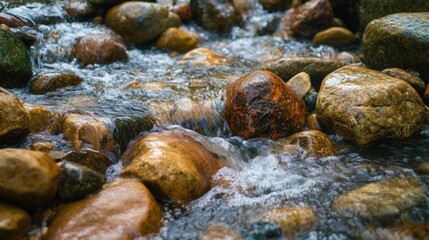 Obraz premium Closeup of a stream flowing over smooth, colorful rocks.