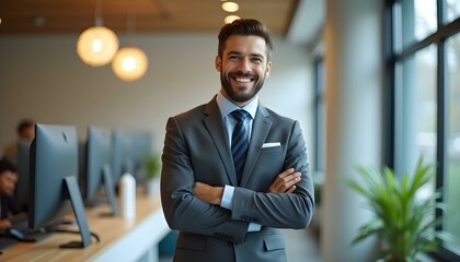 Fototapeta premium A happy bank employee looking at camera while standing in office