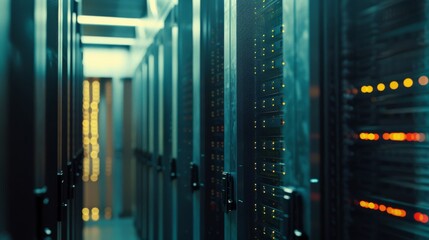 A corridor of data servers illuminated with lights, giving a glimpse into the world of computing and data processing.