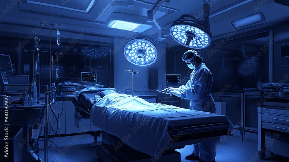 Poster A healthcare professional using AI-powered tools to perform a virtual surgery in a futuristic operating room Stock Photo with copy space
