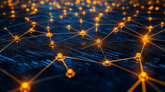 An abstract depiction of AI as a network of glowing nodes and connections representing deep learning processes Stock Photo with copy space