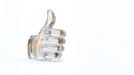 Transparente Glashand zeigt Daumen nach oben auf wei&szlig;em Hintergrund. Klares, gl&auml;nzendes 3D-Objekt. Symbol f&uuml;r Zustimmung und Erfolg. Ideal f&uuml;r Business, Feedback und Motivation