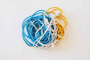 Tangled bundle of blue, white, and yellow network cables on a light surface, highlighting disorganization and clutter in a work environment