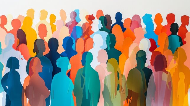 A vibrant abstract artwork featuring silhouettes of people in various colors, evoking diversity, community, and dynamic interaction.