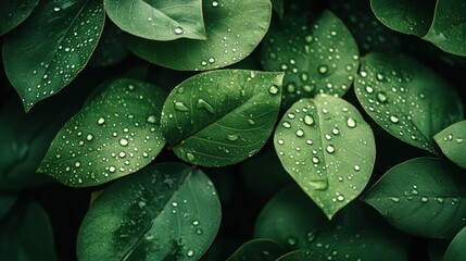 Fototapeta premium Close-up of green leaves with water droplets.