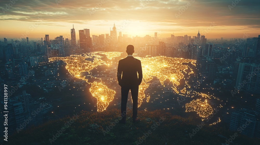 Poster a scientist using ai to model and predict climate change impacts on a global scale stock photo with 