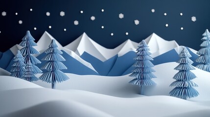 Mountain Winter Scene with Fir Trees and Snow in 3D Origami Paper