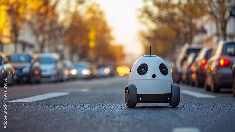 Poster An autonomous robot navigating through a crowded city street with the aid of AI for obstacle detection and route planning Stock Photo with copy space