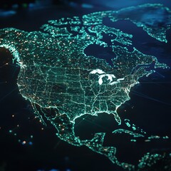 Illuminated Map of North America, Glowing Lights Depicting Connectivity, Digital Network Visualization Concept